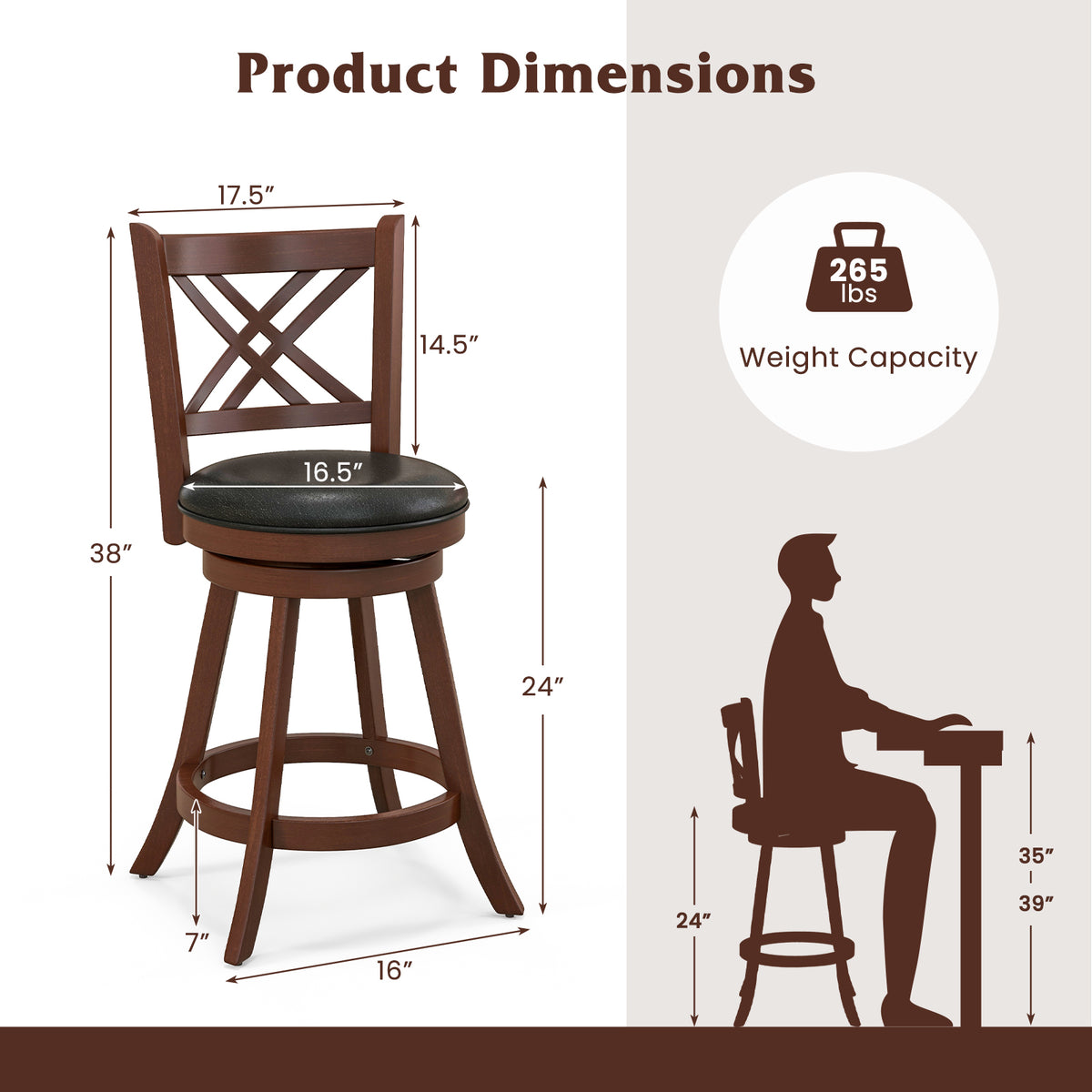 360° Swivel Upholstered Barstools Set of 2 with Back and Footrest-29/Footrest-24 inches