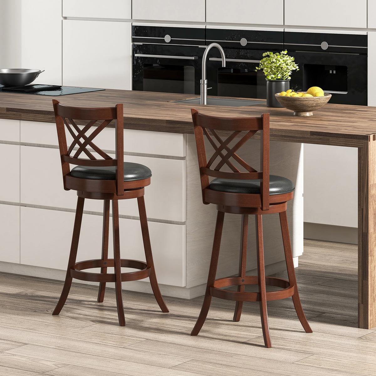 360° Swivel Upholstered Barstools Set of 2 with Back and Footrest-29/Footrest-24 inches