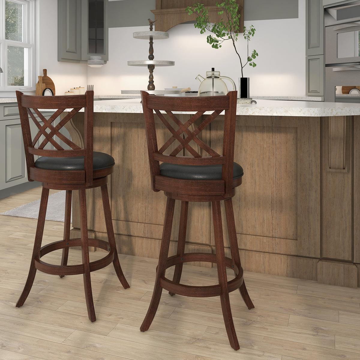 360° Swivel Upholstered Barstools Set of 2 with Back and Footrest-29/Footrest-24 inches