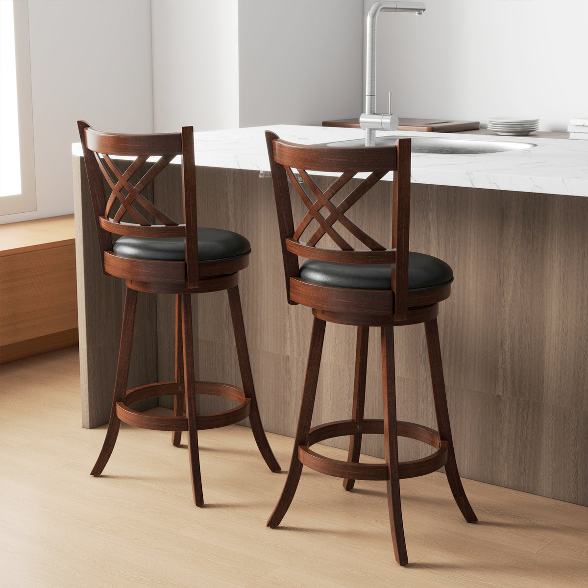 360° Swivel Upholstered Barstools Set of 2 with Back and Footrest-29/Footrest-24 inches