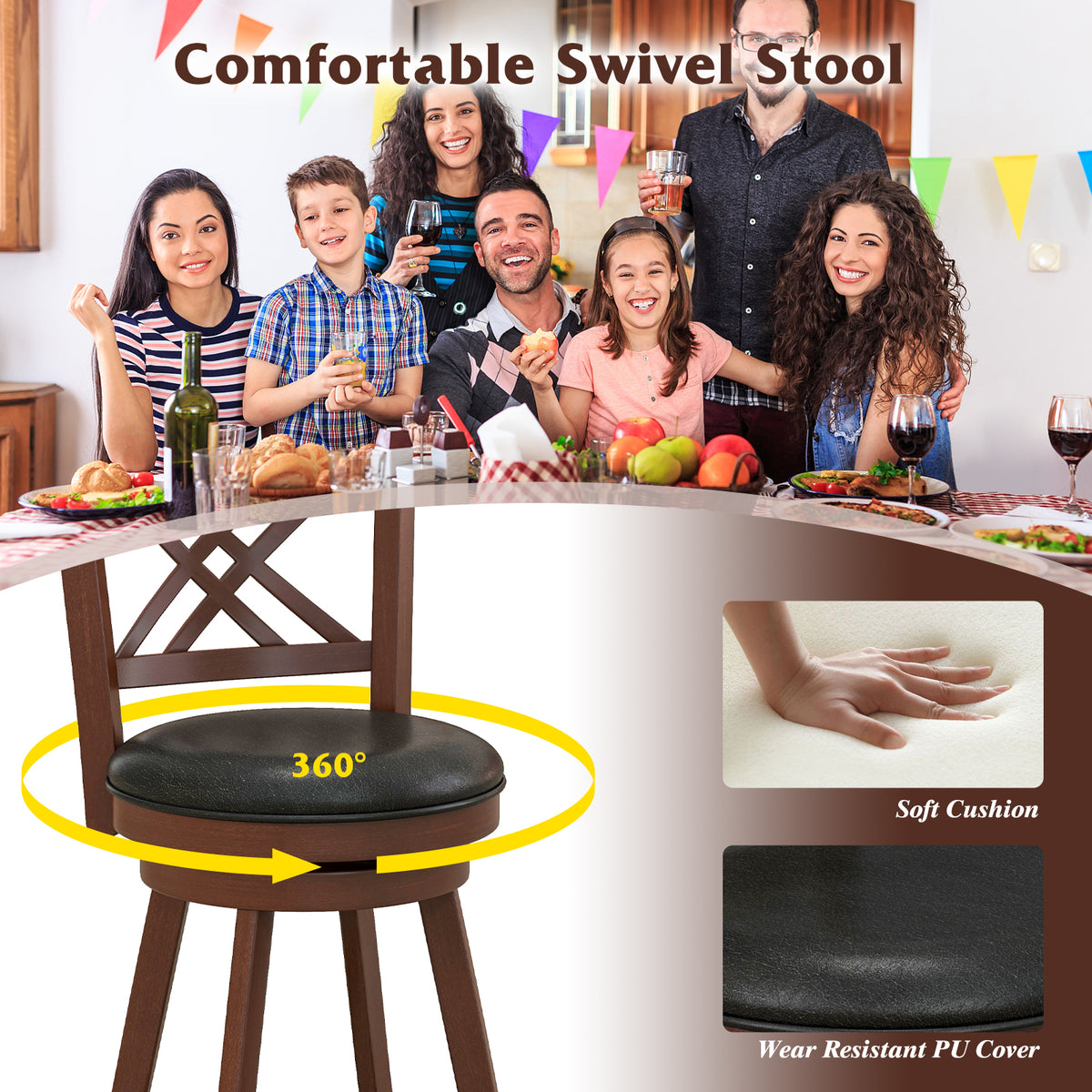 360° Swivel Upholstered Barstools Set of 2 with Back and Footrest-29/Footrest-24 inches