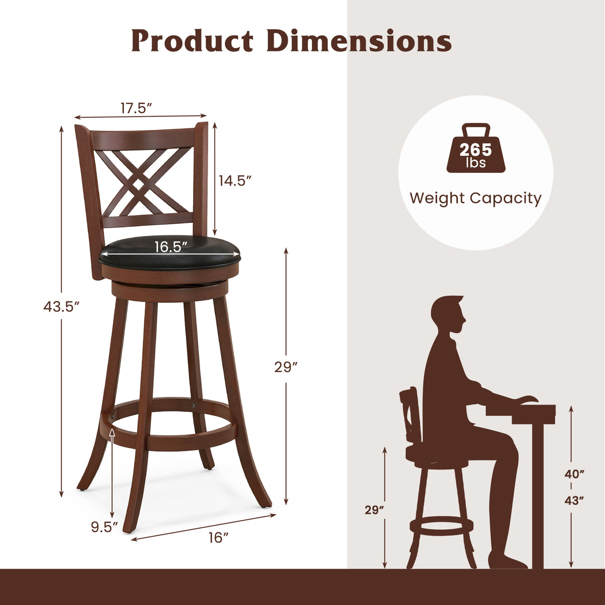 360° Swivel Upholstered Barstools Set of 2 with Back and Footrest-29/Footrest-24 inches