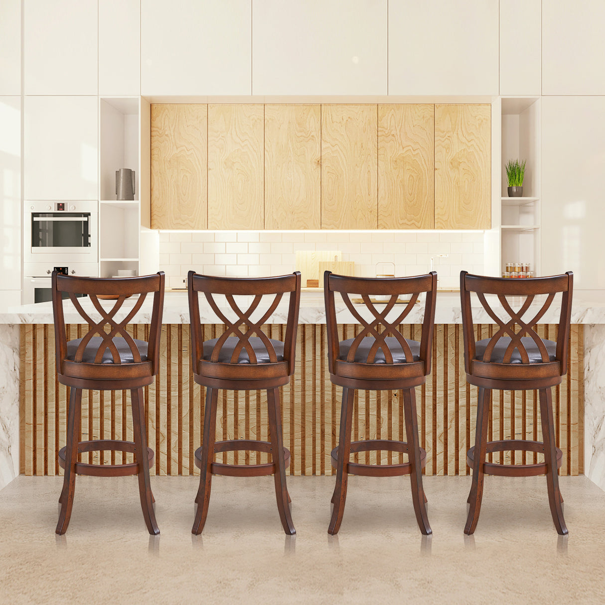 360° Swivel Counter Height Chairs with PU Leather Cushioned Seat and Footrests-30 inches