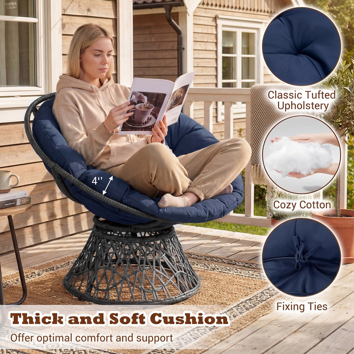 Swivel Papasan Chair Round Wicker Lounge Chair with Thick Cushion