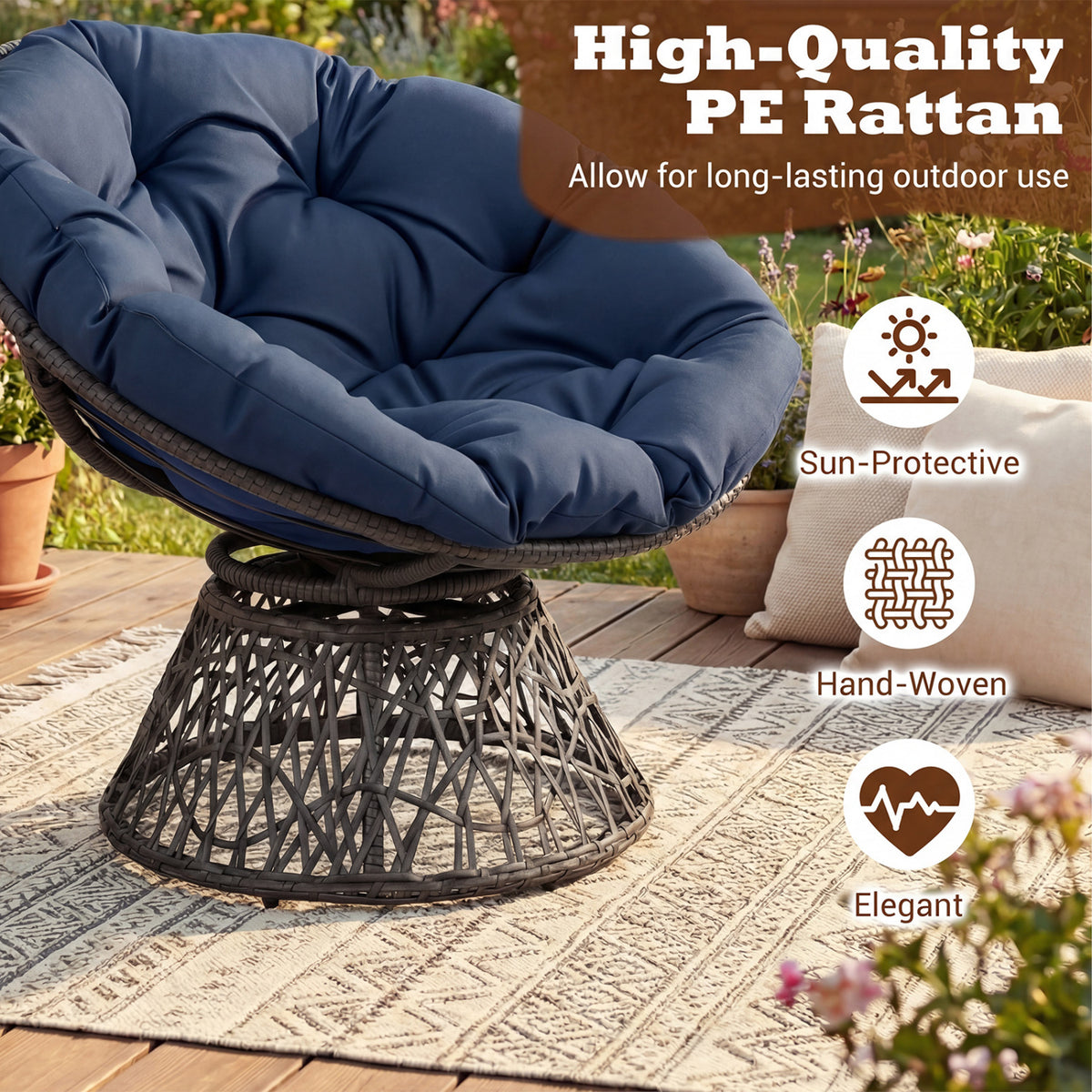 Swivel Papasan Chair Round Wicker Lounge Chair with Thick Cushion