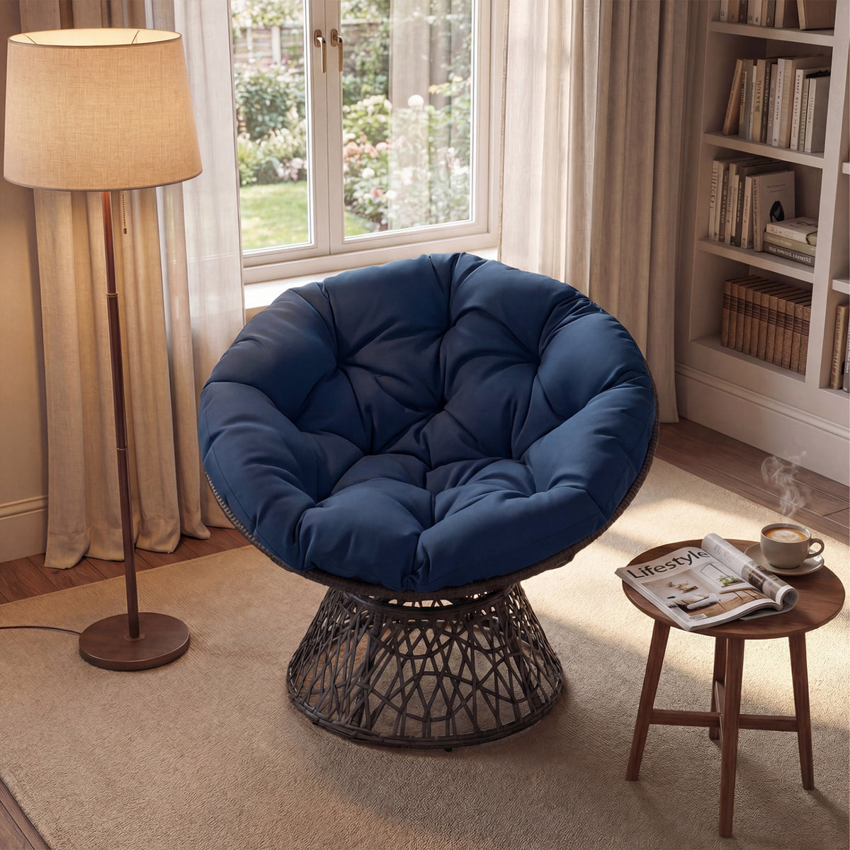 Swivel Papasan Chair Round Wicker Lounge Chair with Thick Cushion