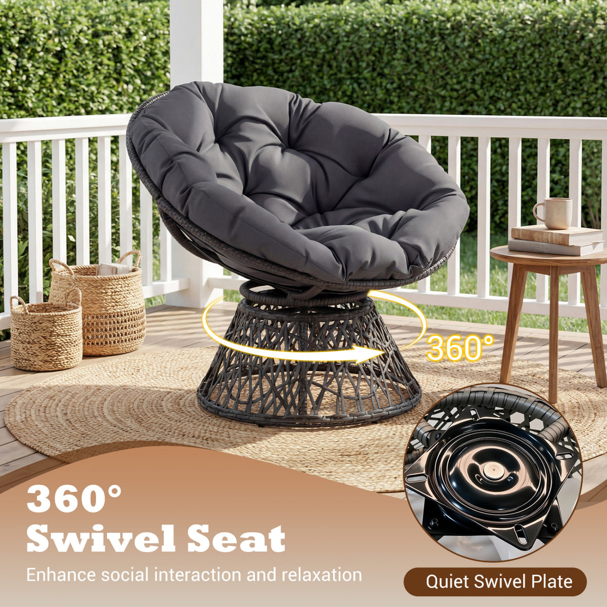 Swivel Papasan Chair Round Wicker Lounge Chair with Thick Cushion