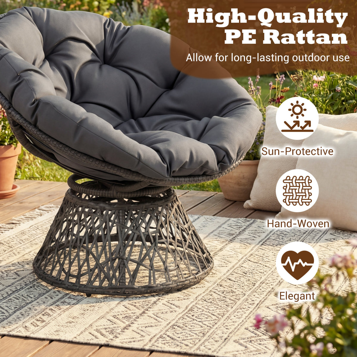 Swivel Papasan Chair Round Wicker Lounge Chair with Thick Cushion