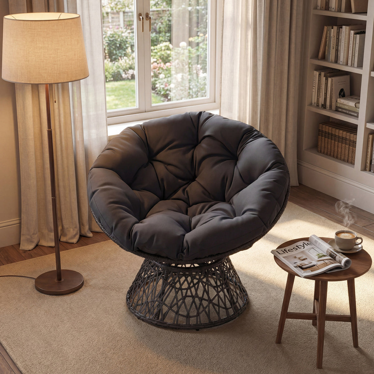 Swivel Papasan Chair Round Wicker Lounge Chair with Thick Cushion