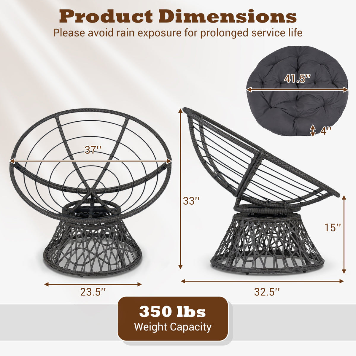 Swivel Papasan Chair Round Wicker Lounge Chair with Thick Cushion