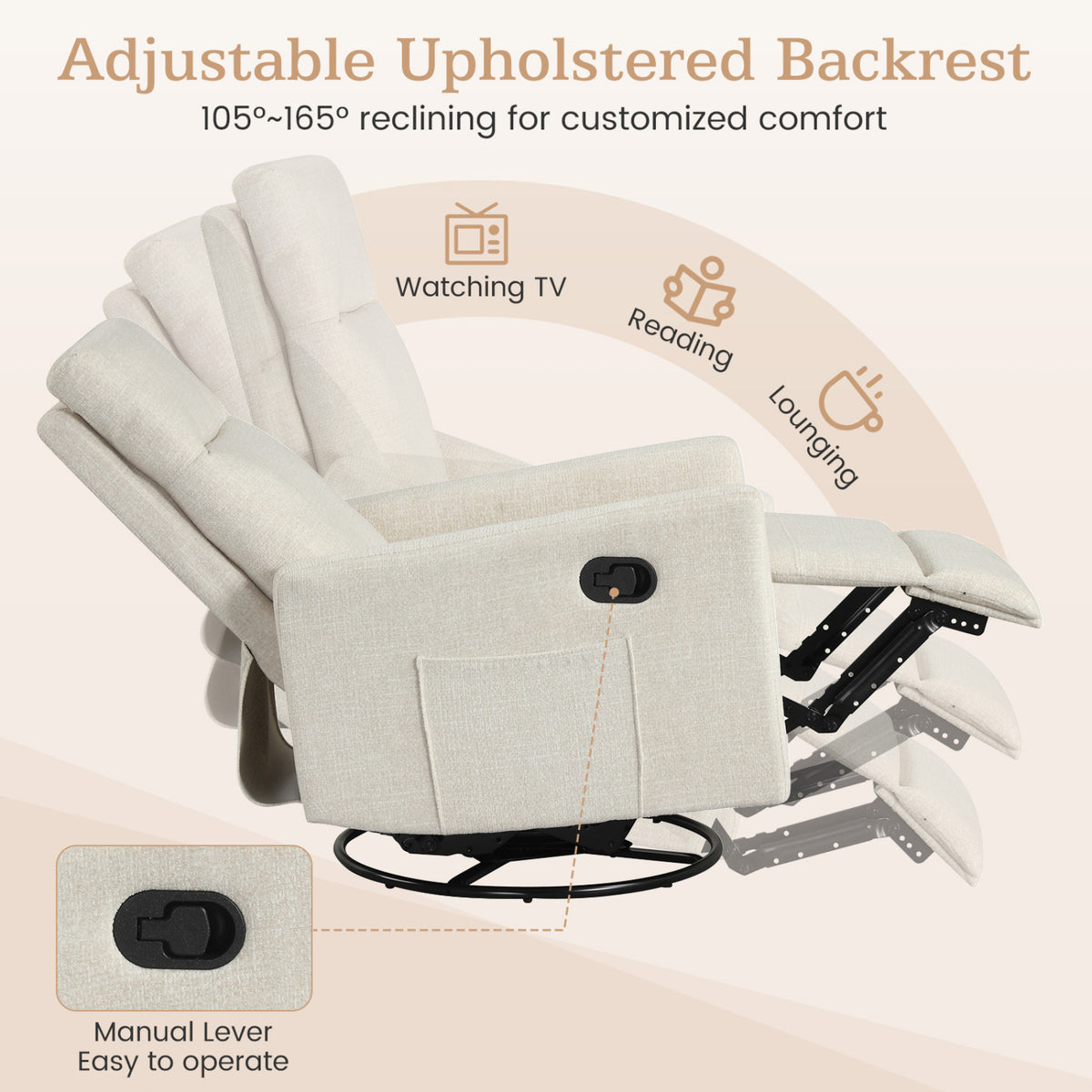 Swivel Rocking Chair 360° Nursery Reclining Rocker Armchair with Cushioned Back
