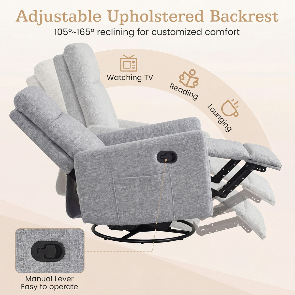 Swivel Rocking Chair 360° Nursery Reclining Rocker Armchair with Cushioned Back