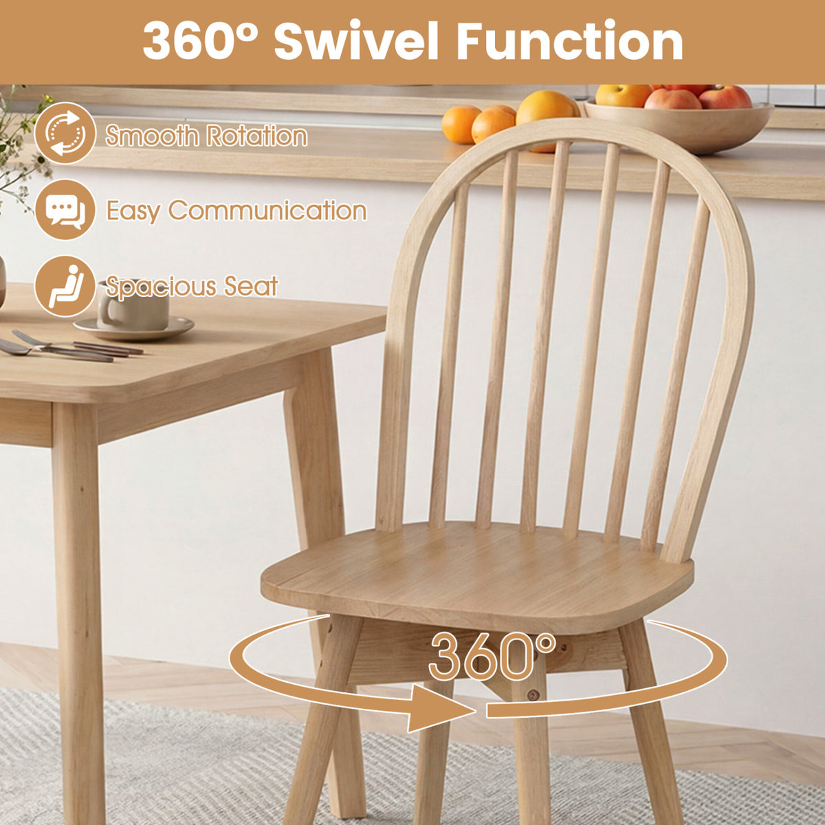 Swivel Windsor Dining Chairs Set of 4 with Solid Rubber Wood Frame