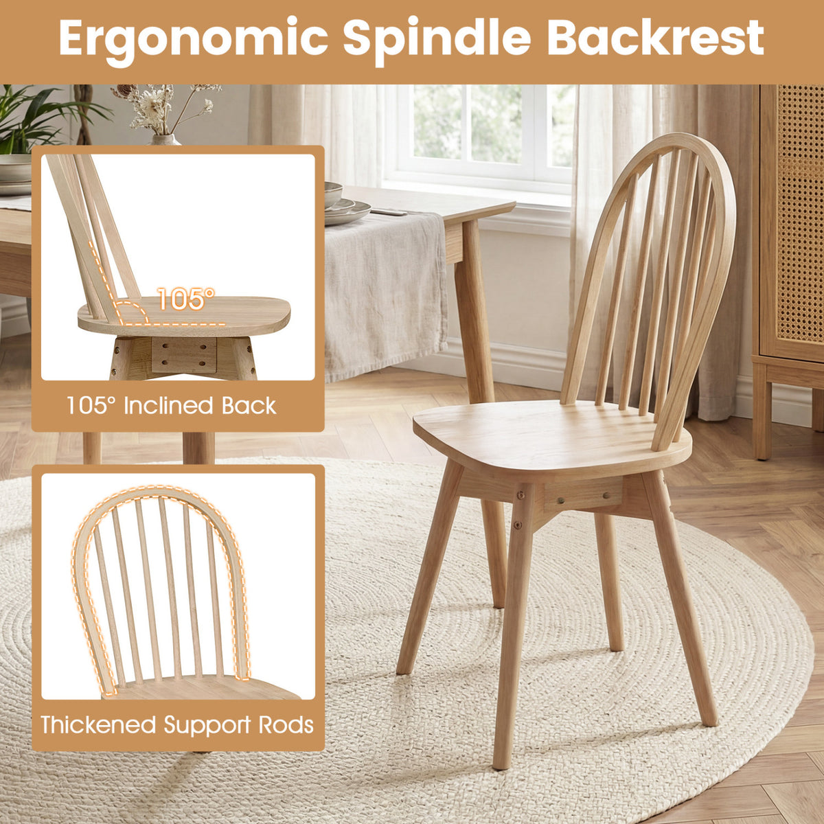 Swivel Windsor Dining Chairs Set of 2 with Solid Rubber Wood Frame