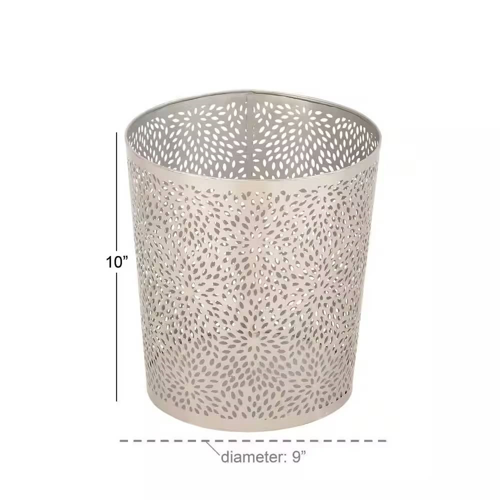 1.3 Gallon Metal Floral Pattern Trash Can Waste Basket in Silver