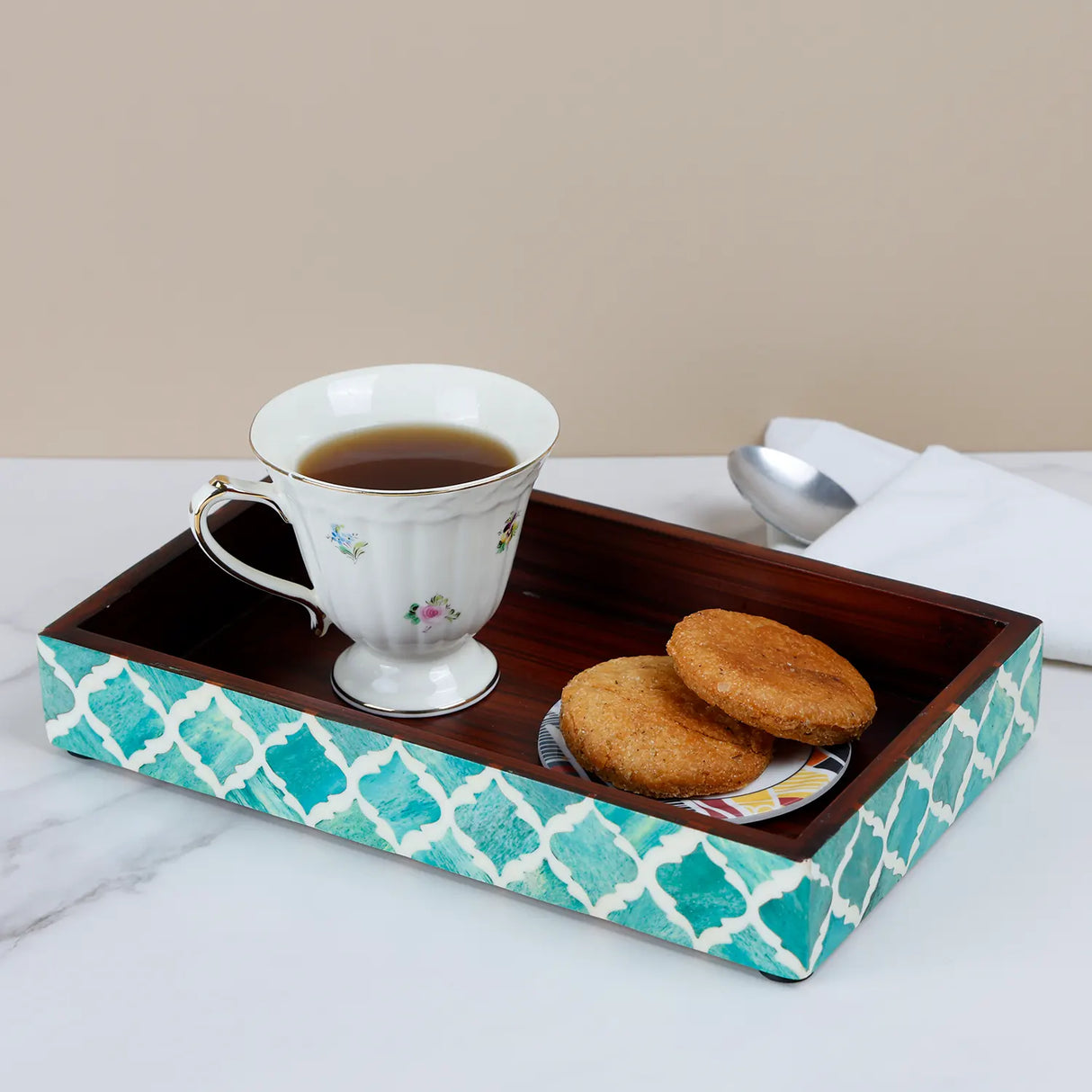 Vanity Trays Moroccan Pattern Bone & Resin Inlay Collection in 10x6, Green & White