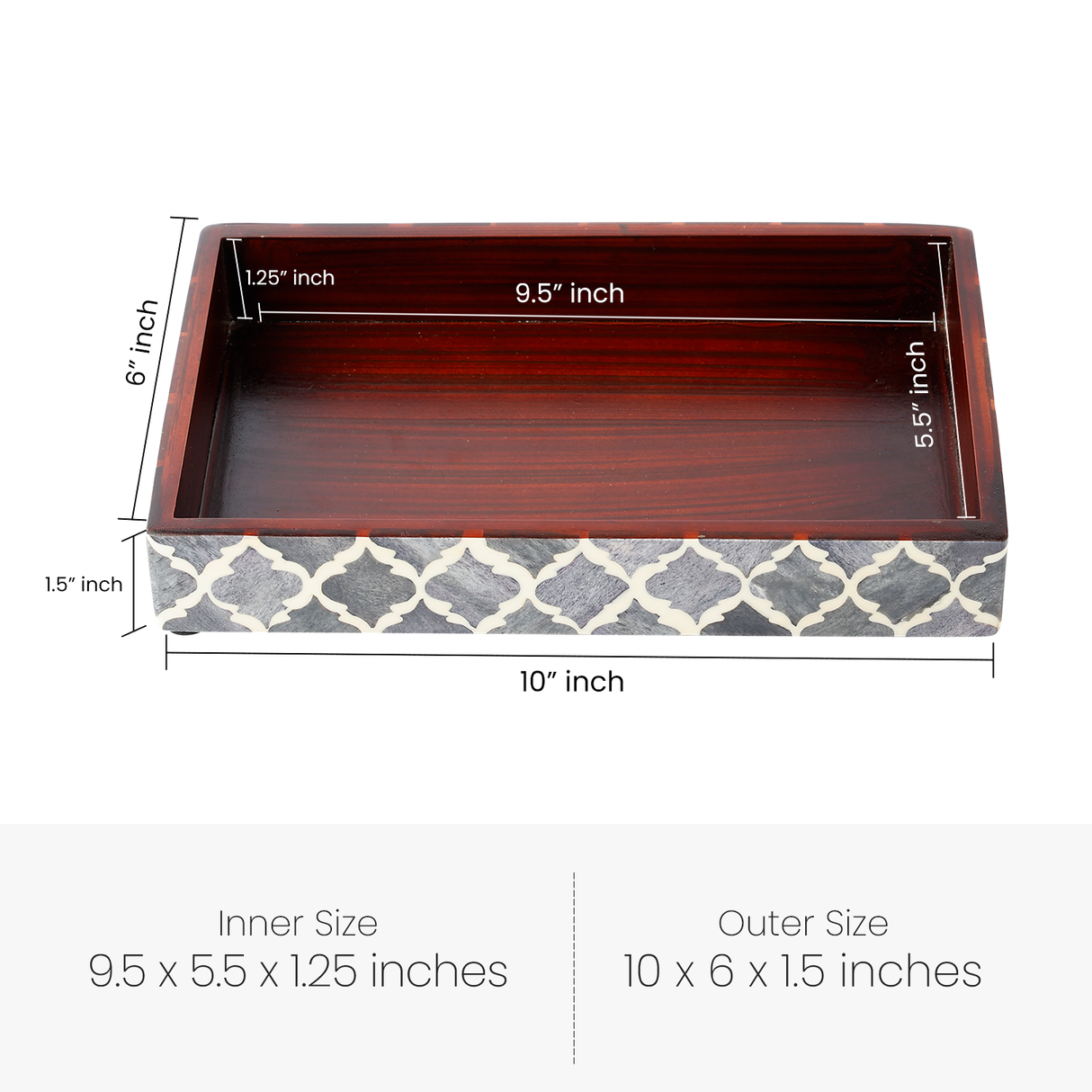 Vanity Trays Moroccan Pattern Bone & Resin Inlay Collection in 10x6, Grey & White