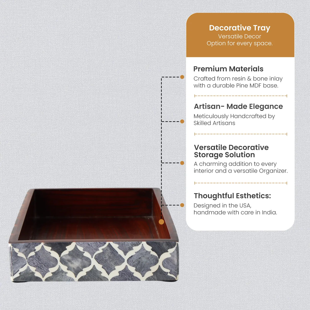 Vanity Trays Moroccan Pattern Bone & Resin Inlay Collection in 10x6, Grey & White