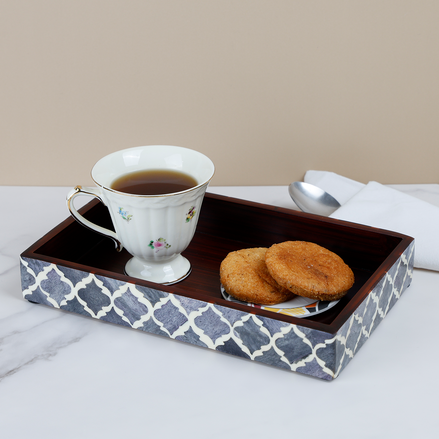 Vanity Trays Moroccan Pattern Bone & Resin Inlay Collection in 10x6, Grey & White