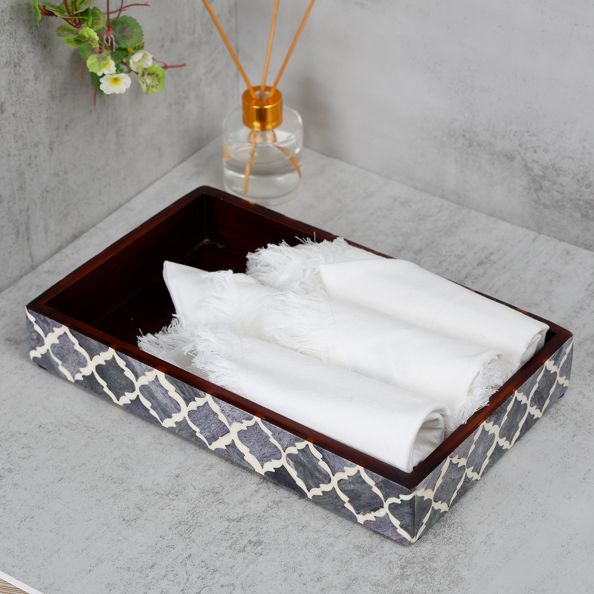 Vanity Trays Moroccan Pattern Bone & Resin Inlay Collection in 10x6, Grey & White