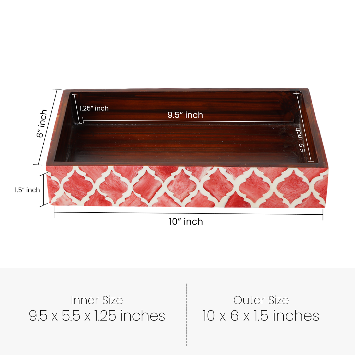Vanity Trays Moroccan Pattern Bone & Resin Inlay Collection in 10x6, Red & White