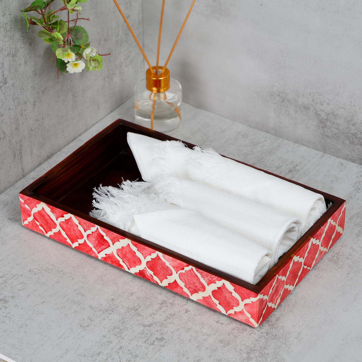 Vanity Trays Moroccan Pattern Bone & Resin Inlay Collection in 10x6, Red & White