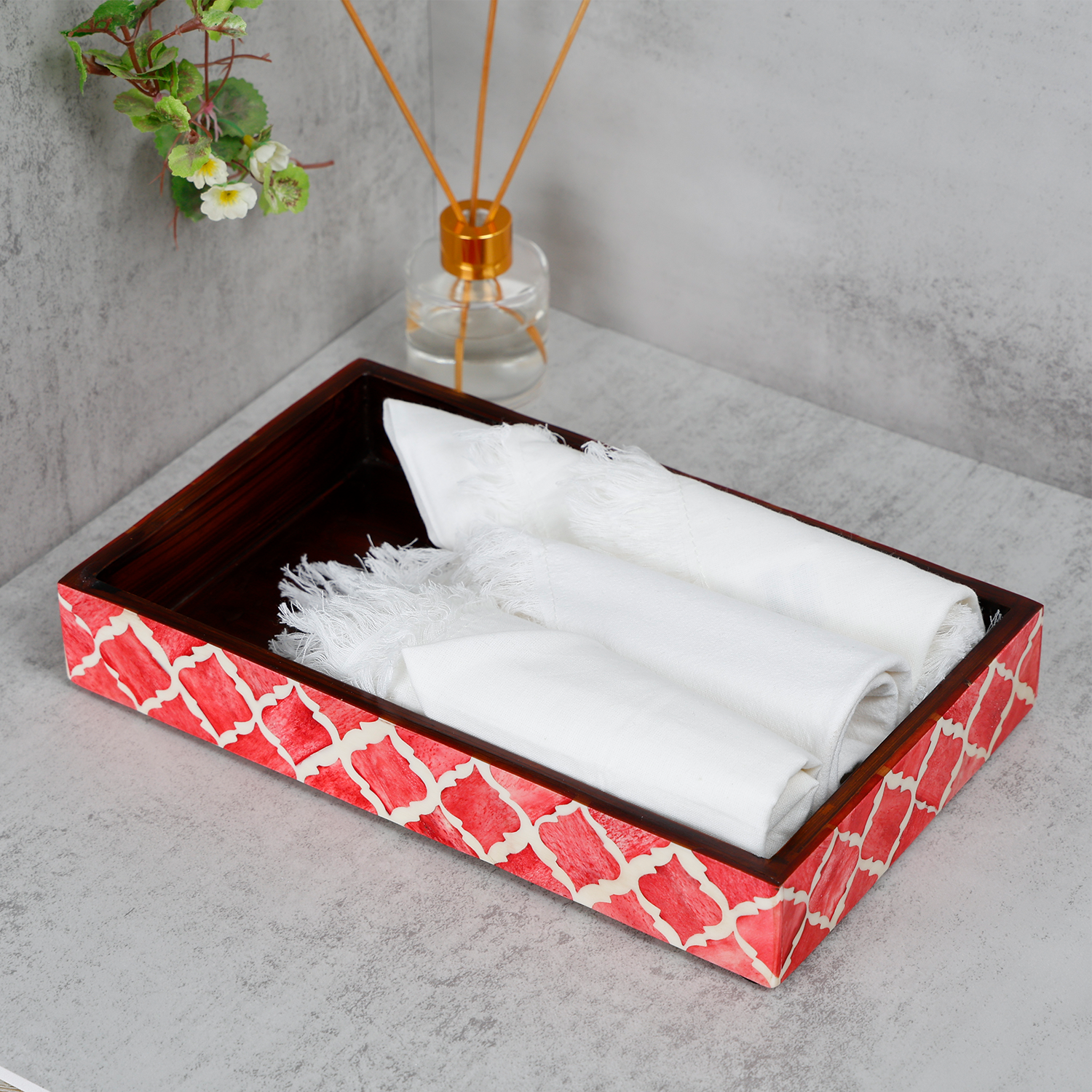 Vanity Trays Moroccan Pattern Bone & Resin Inlay Collection in 10x6, Red & White