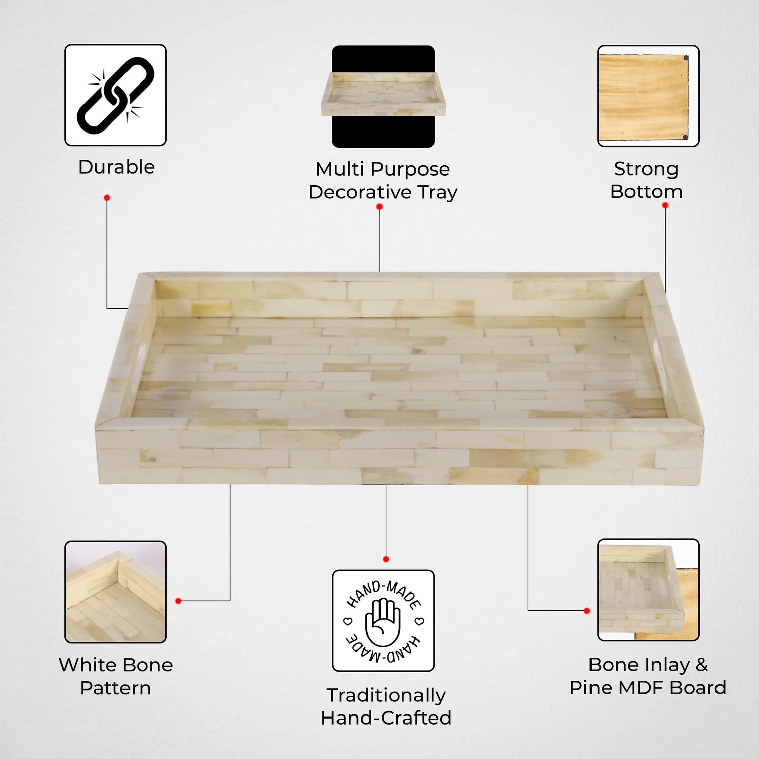 Decorative Tray Plain White Pattern Bone Inlay Collection in 2 Sizes