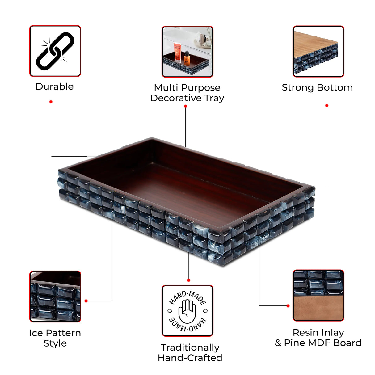 Vanity Tray Illusion Ice Pattern Resin Inlay Collection in 10x6, Blue