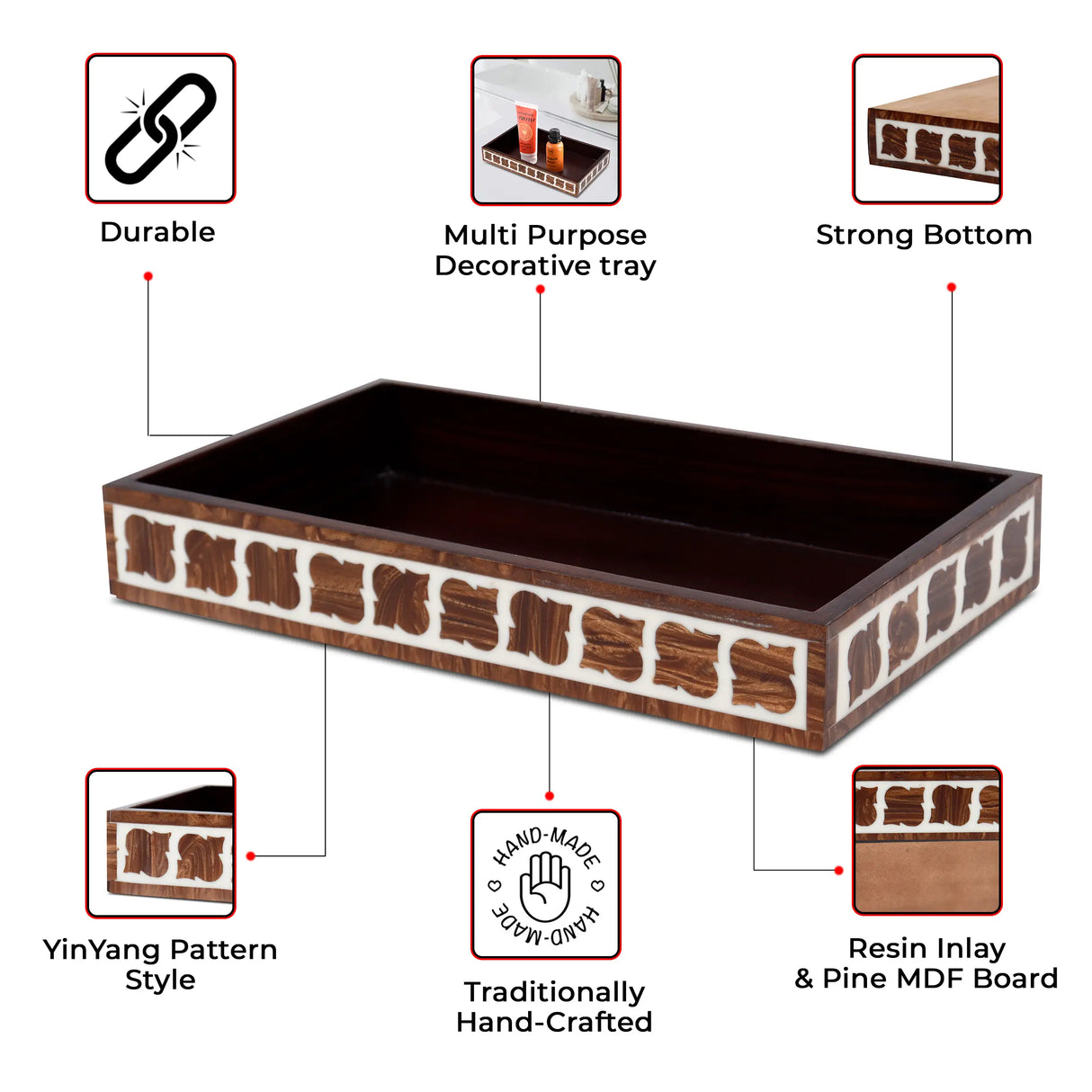 Vanity Tray Illusion Yinyang Pattern Resin Inlay Collection in 10x6, Brown