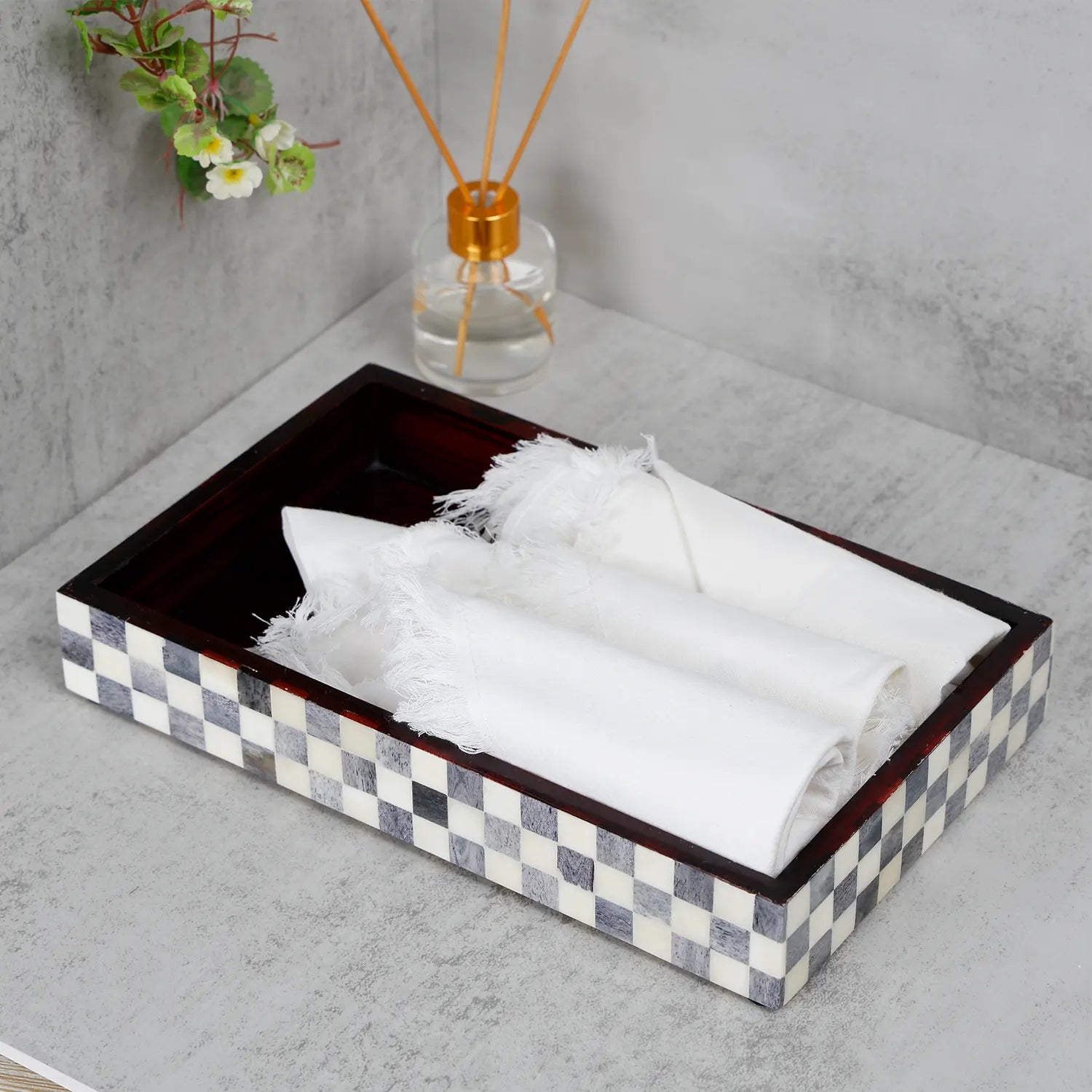 Vanity Trays Parlour Checkered Pattern Bone Inlay Collection in 10x6