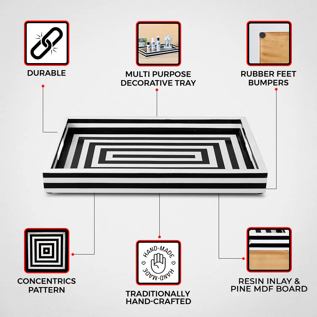 Decorative Tray Concentrics Pattern Resin Inlay Collection in 2 Sizes, Black & White
