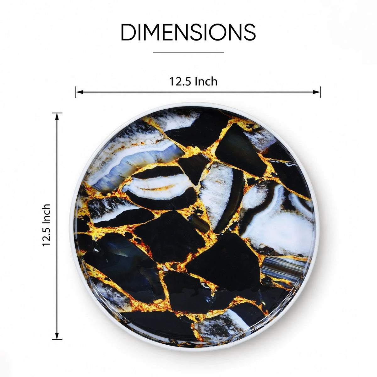 Round Resin Inlay Tray Black, Gold & Smoky Grey Marble 12"