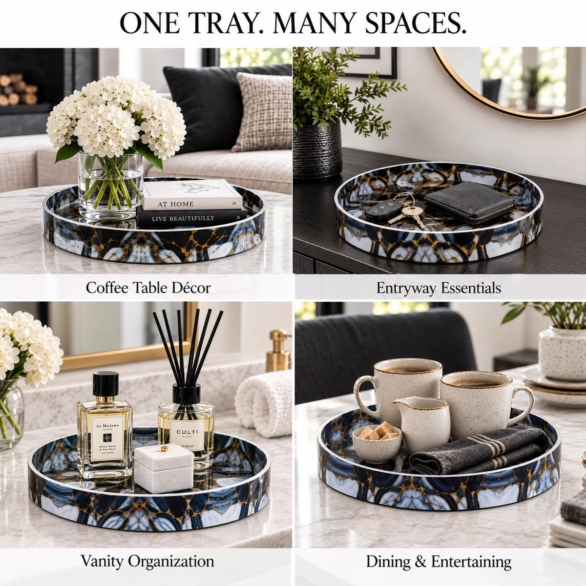 Round Resin Inlay Tray Black, Gold & Smoky Grey Marble 12"