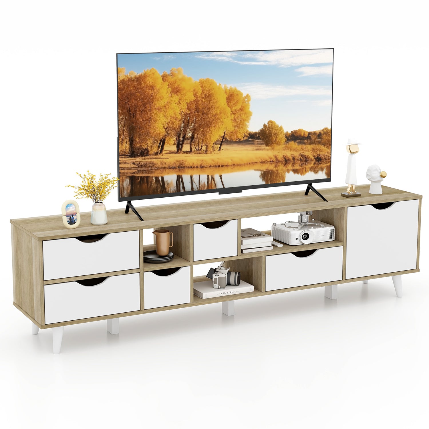 TV Stand for TVs up to 65" Television Cabinet w/ 5 Drawers & 3 Open Shelves-Oak