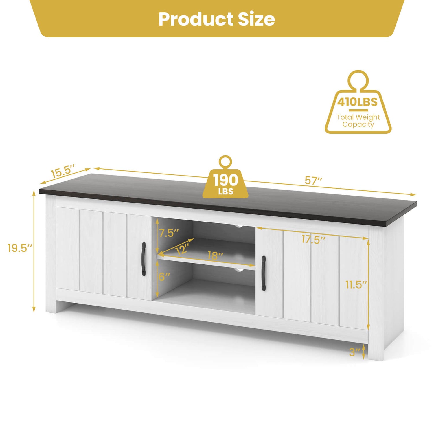 TV Stand with 2 Cabinets and Open Shelves for TVs up to 65 Inch