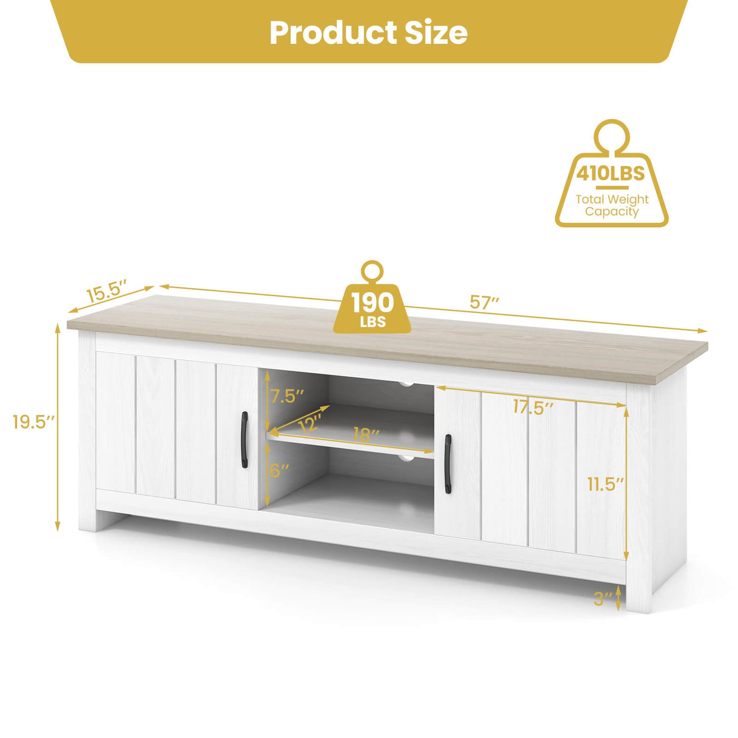 TV Stand with 2 Cabinets and Open Shelves for TVs up to 65 Inch