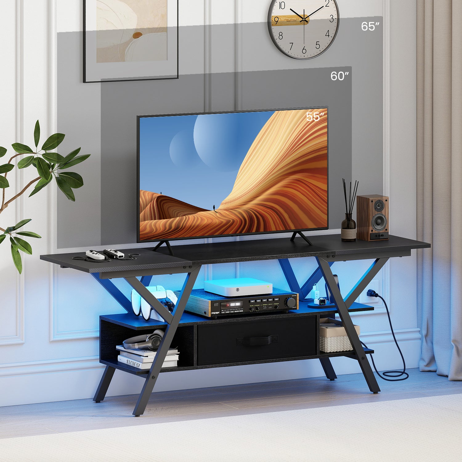 TV Stand for 65 Inch TVs with Power Outlets and LED Lights