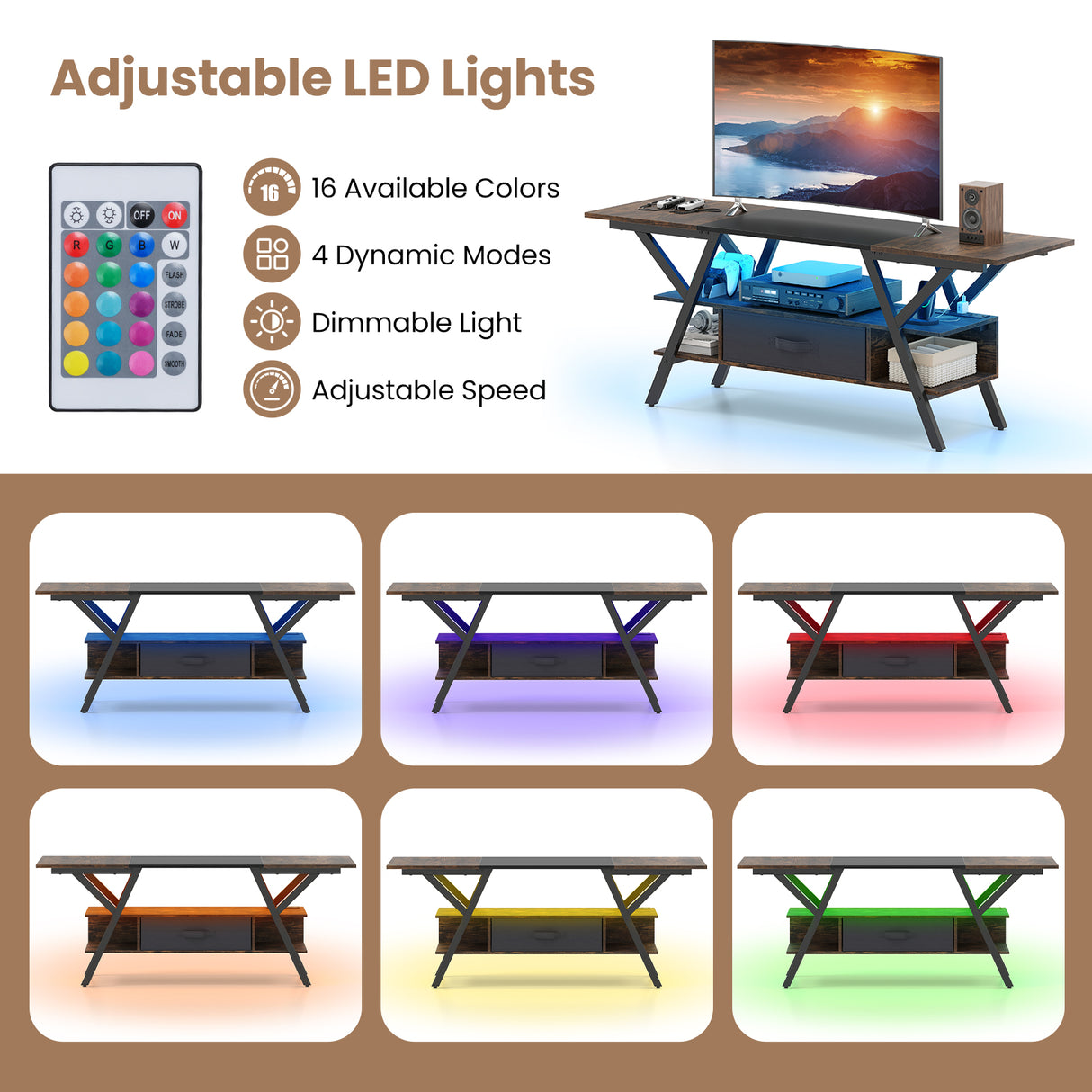 TV Stand for 65 Inch TVs with Power Outlets and LED Lights