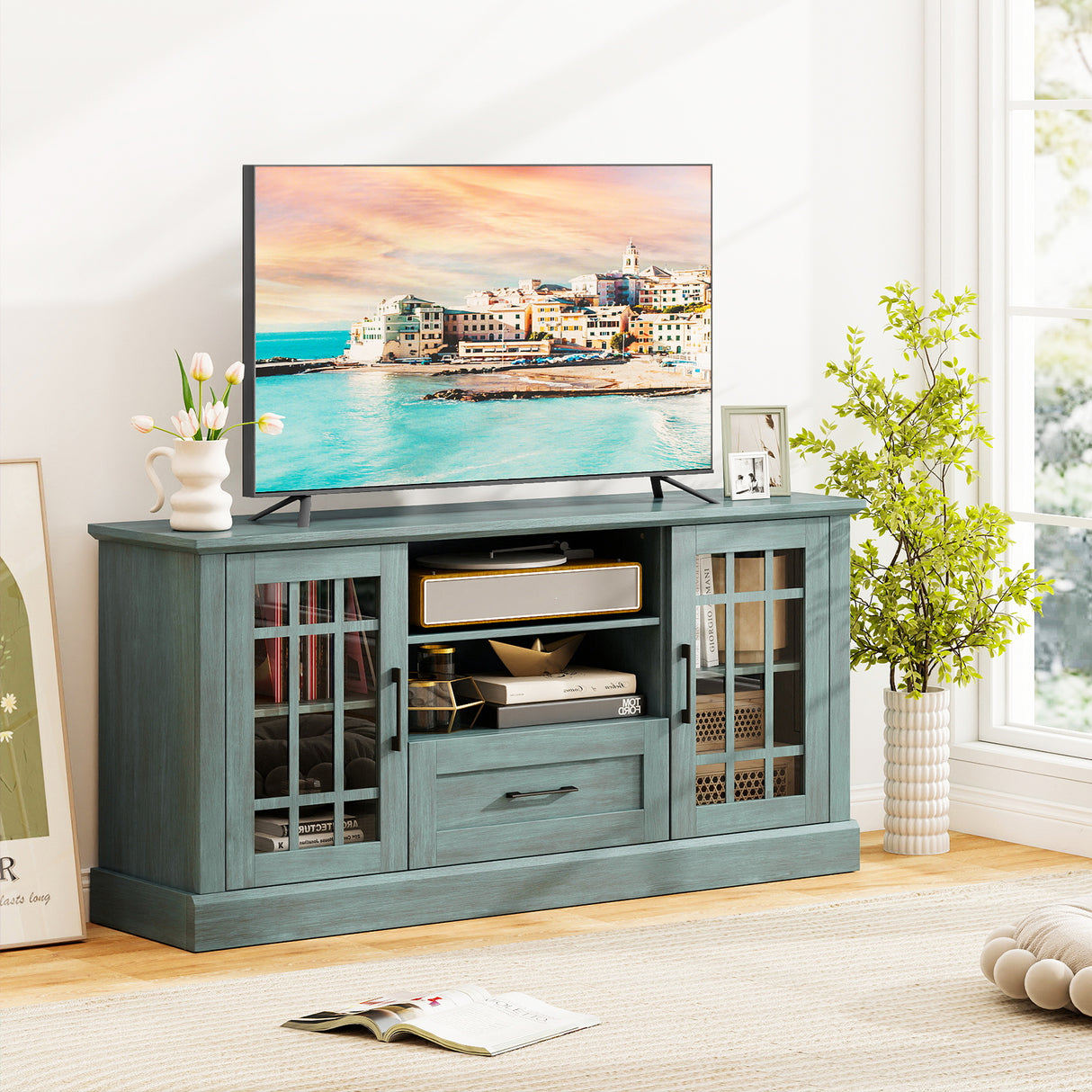 TV Stand for TVs up to 70 with Glass Doors Cubbies and Drawer