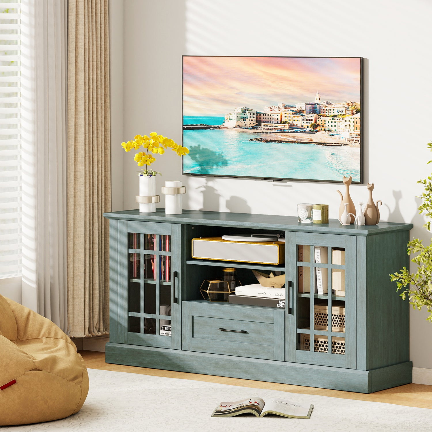 TV Stand for TVs up to 70 with Glass Doors Cubbies and Drawer