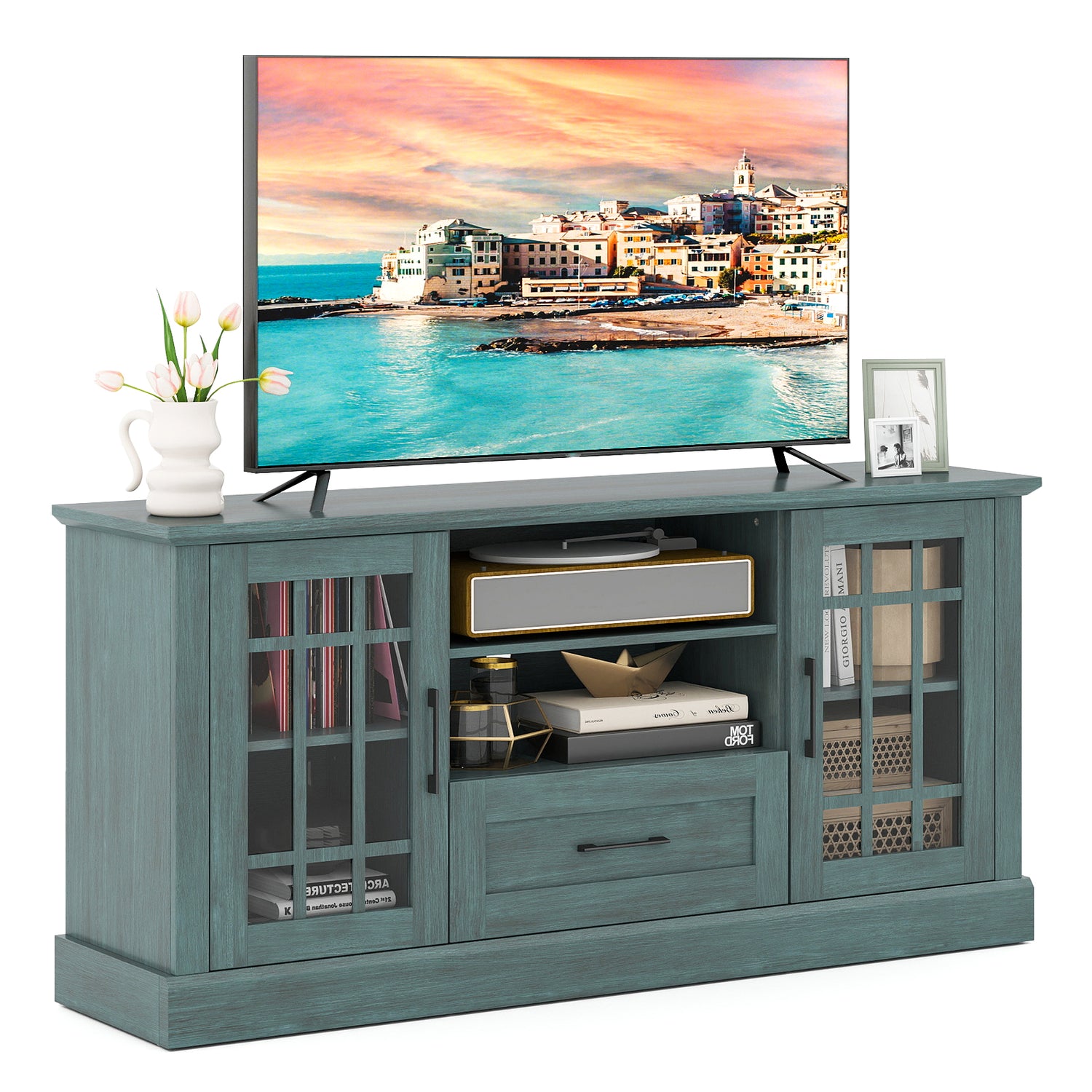 TV Stand for TVs up to 70 with Glass Doors Cubbies and Drawer