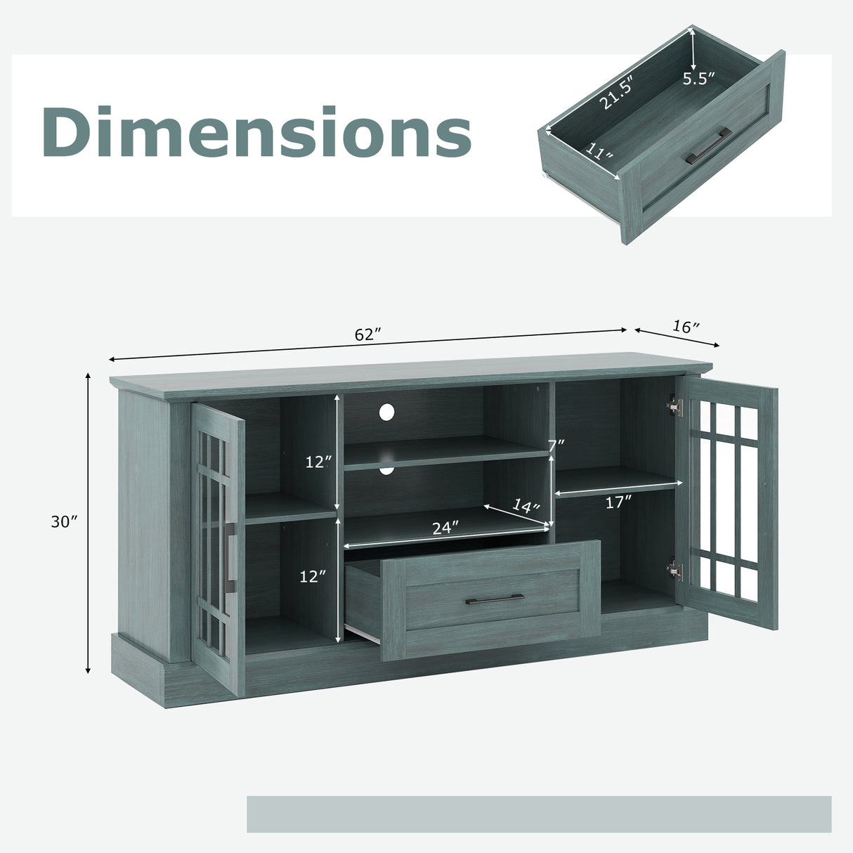 TV Stand for TVs up to 70 with Glass Doors Cubbies and Drawer