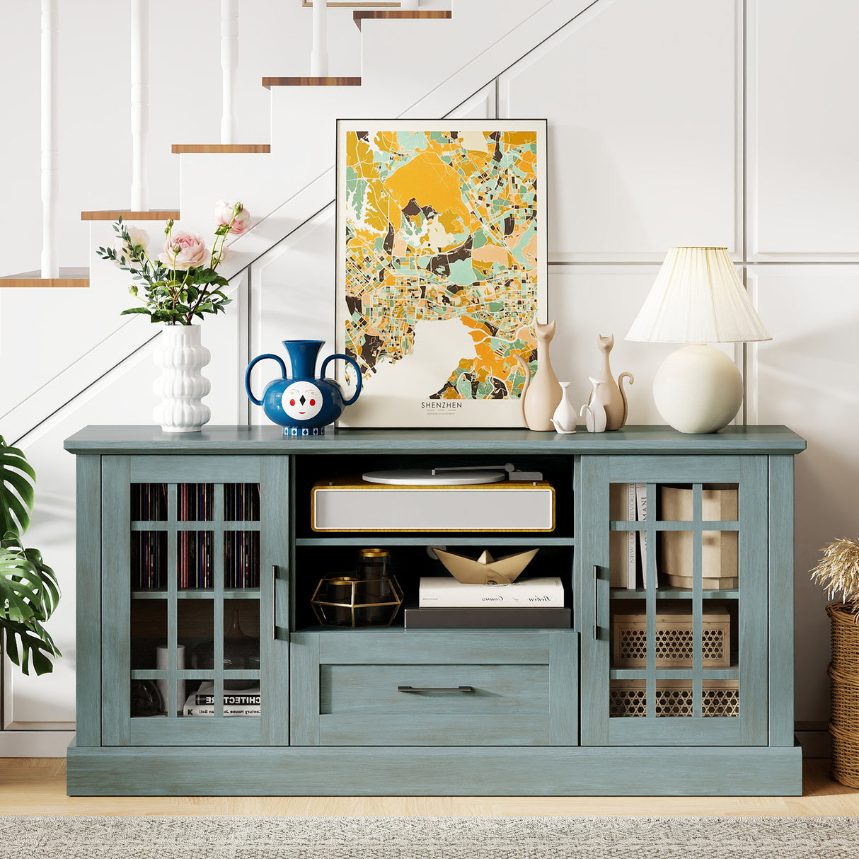 TV Stand for TVs up to 70 with Glass Doors Cubbies and Drawer
