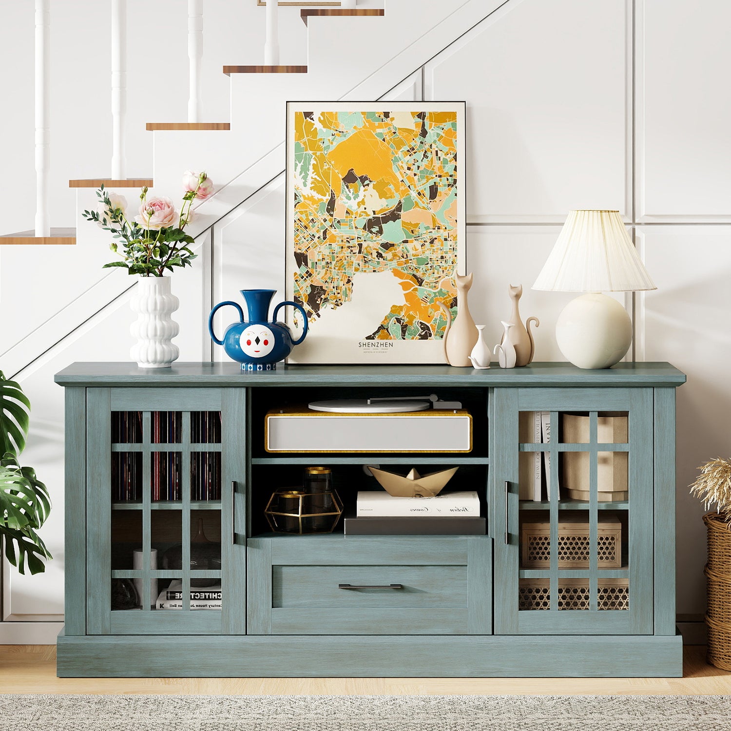 TV Stand for TVs up to 70 with Glass Doors Cubbies and Drawer