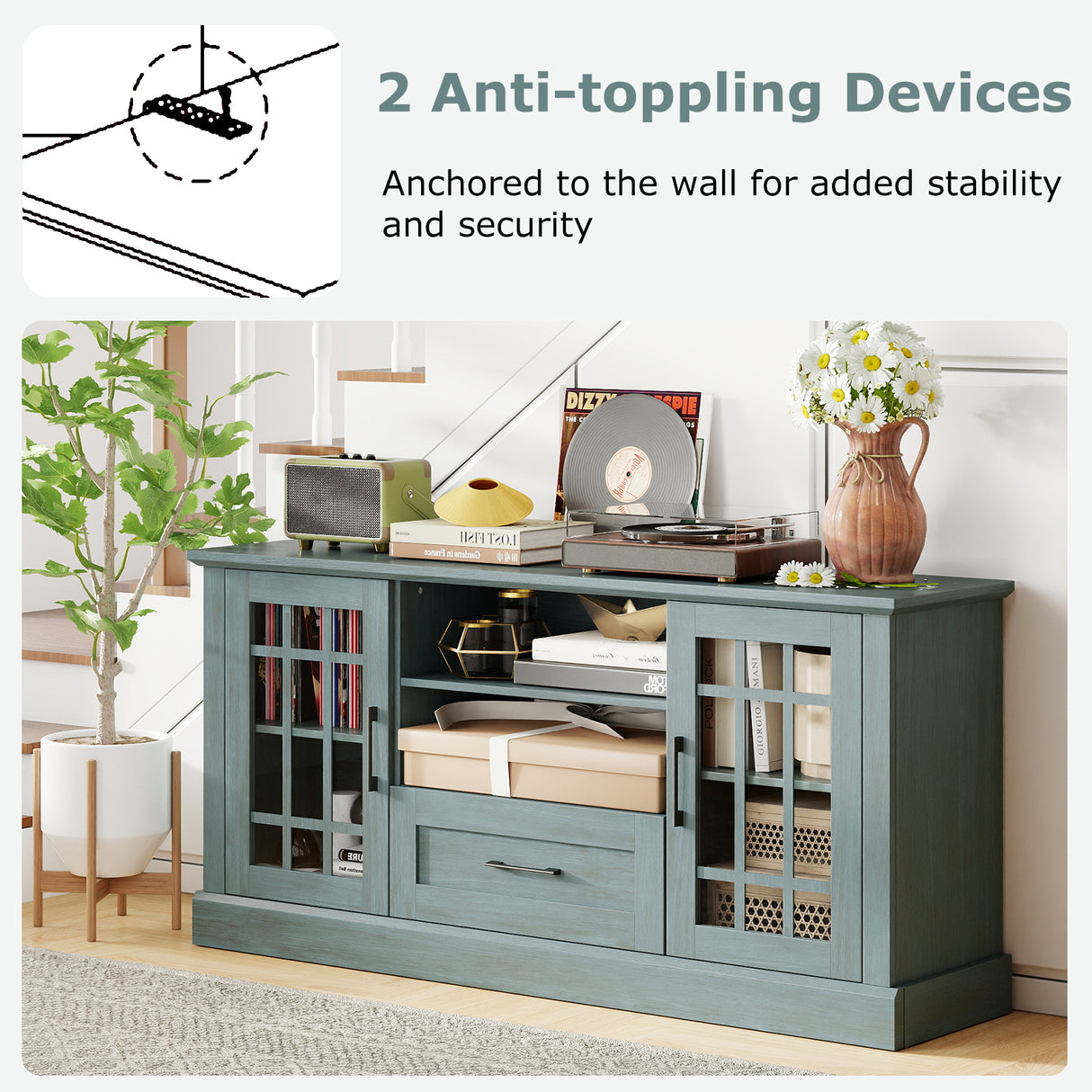 TV Stand for TVs up to 70 with Glass Doors Cubbies and Drawer