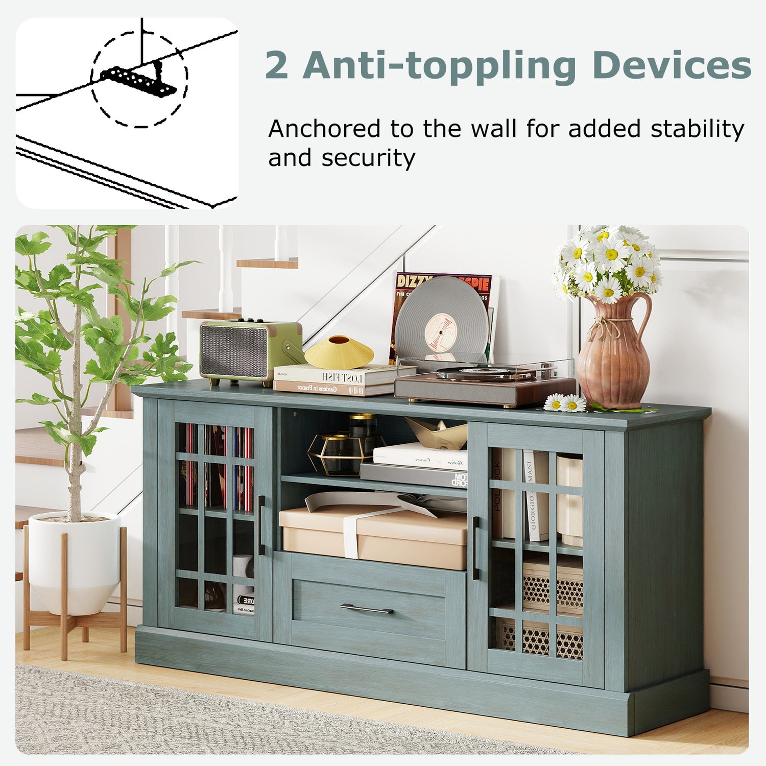 TV Stand for TVs up to 70 with Glass Doors Cubbies and Drawer