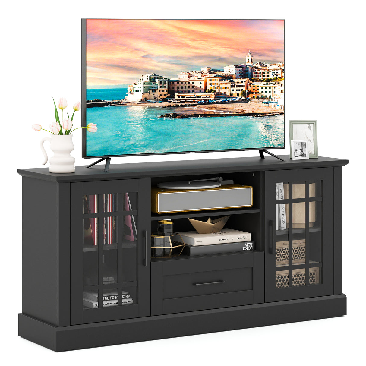 TV Stand for TVs up to 70 with Glass Doors Cubbies and Drawer