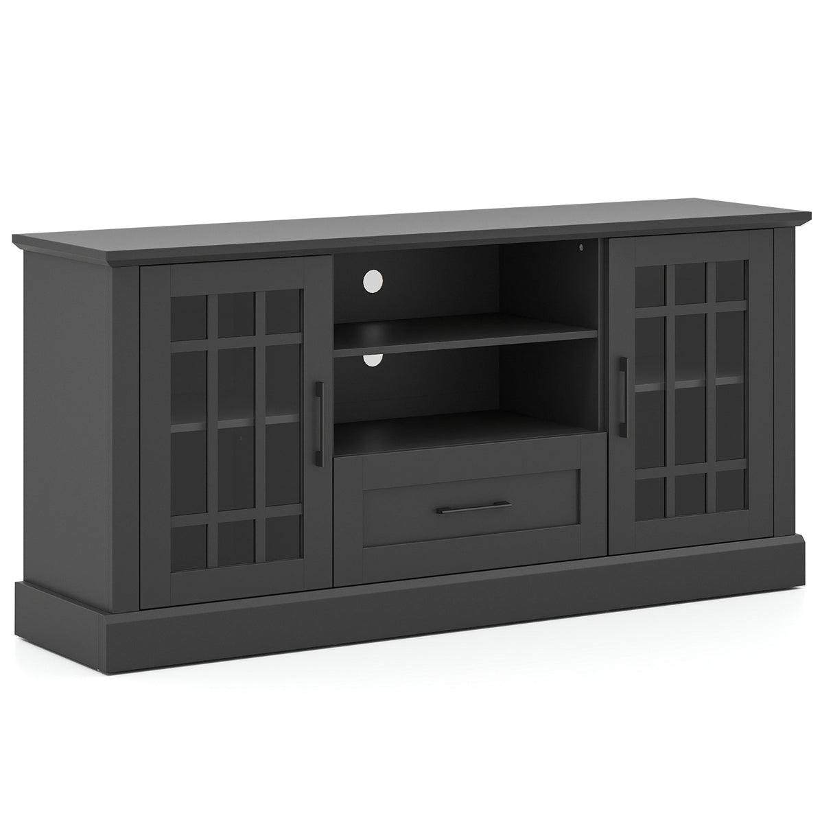 TV Stand for TVs up to 70 with Glass Doors Cubbies and Drawer