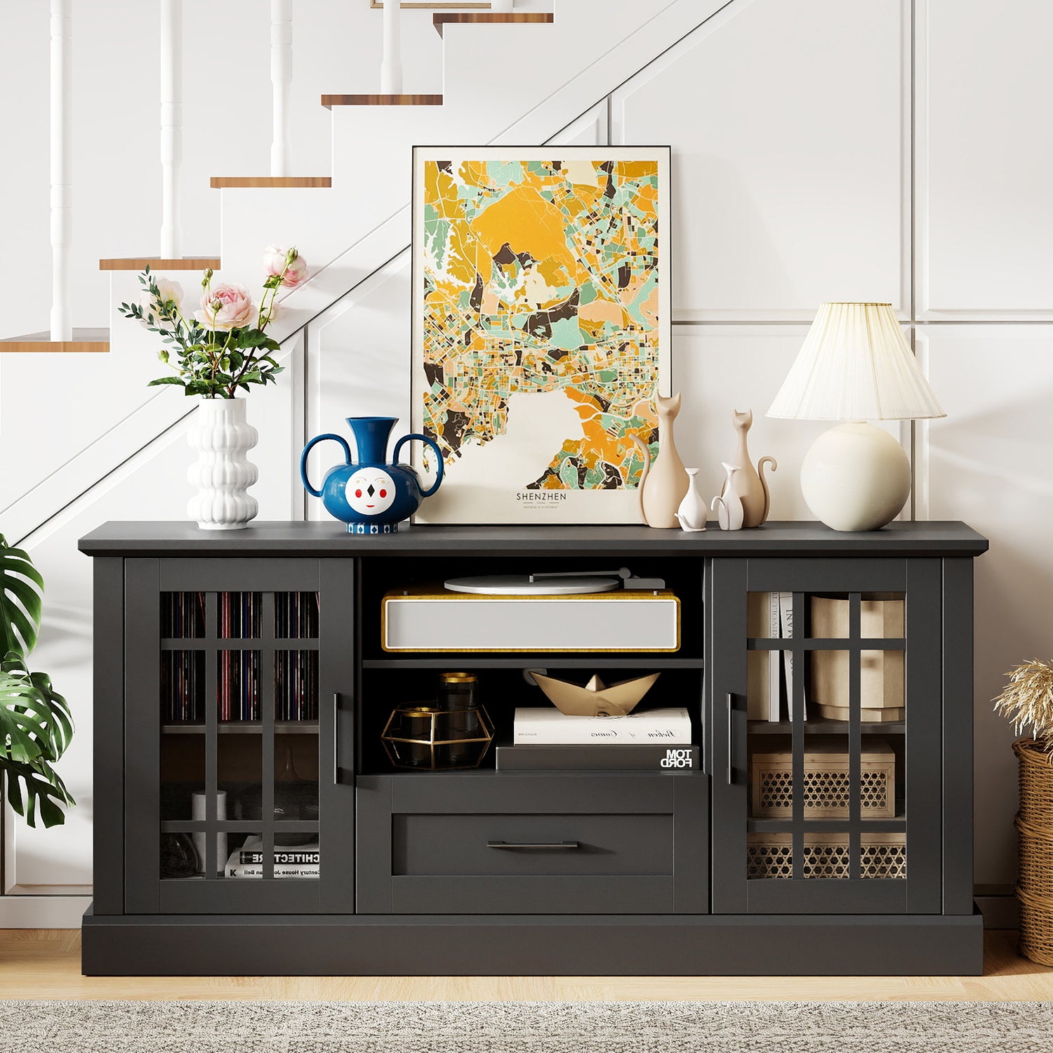 TV Stand for TVs up to 70 with Glass Doors Cubbies and Drawer